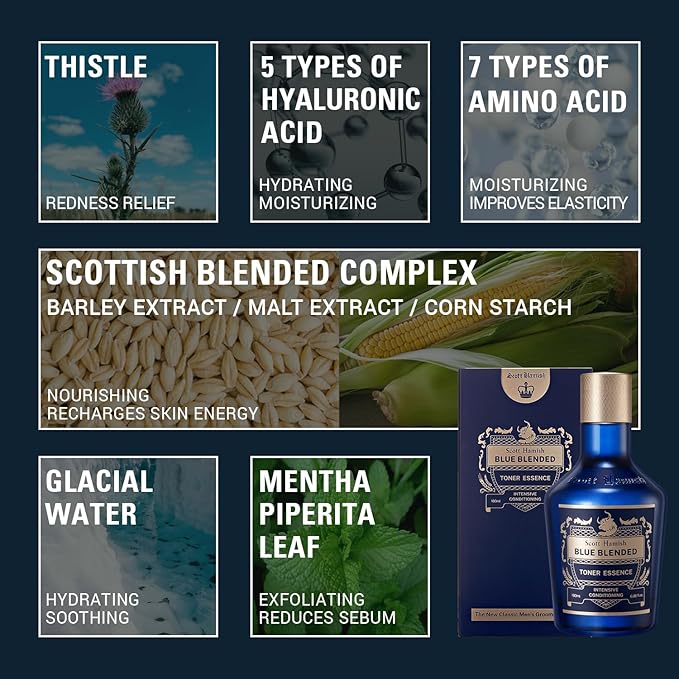 Scott Hamish Blue Blended Toner Essence - Men Facial Toner Essence with Hyaluronic Acid & Amino Acid - Hydrating Toner Restore Vitality – All in One Face & Aftershave, 6.09 fl.oz.
