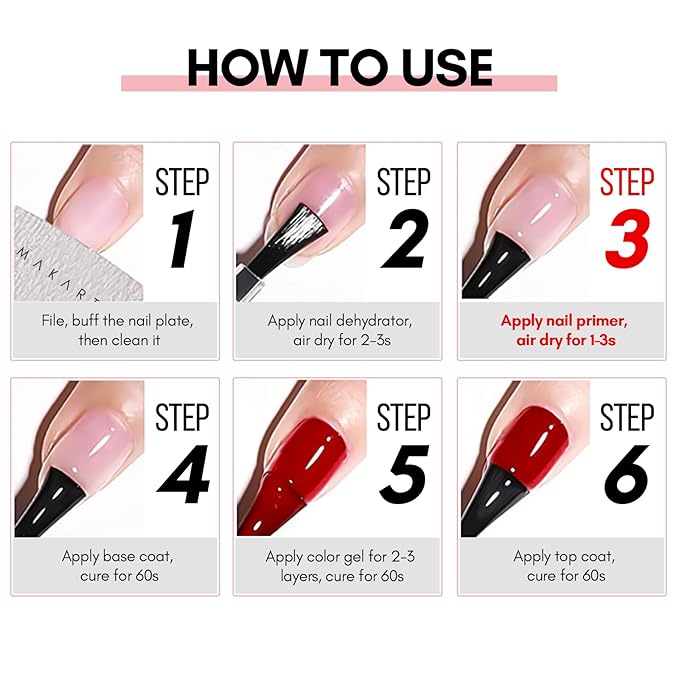 Makartt Nail Primer: No Lift Acid-Free Prep for Acrylic Nails, Gel Polish, and Dipping Powder, Professional Fast Dry Primers for Pedicure Manicure Tools, Salon Home Use 15ML