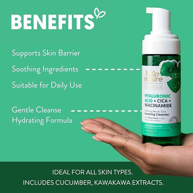 By Nature Foaming Cleanser with Hyaluronic Acid + Cica - Hydrating Face Cleanser For Bright and Fresh Skin - Skincare from New Zealand - 5 fl.oz