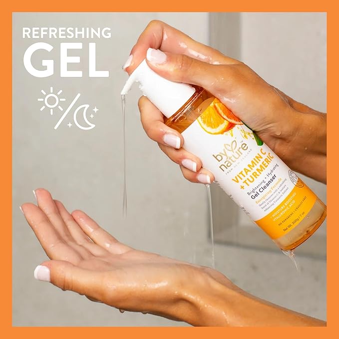 By Nature Vitamin C + Turmeric Gel Cleanser with Hyaluronic Acid – Brightening + Hydrating Face Wash & Makeup Remover for Oily and Acne-Prone Skin, Natural Daily Facial Wash (7oz)