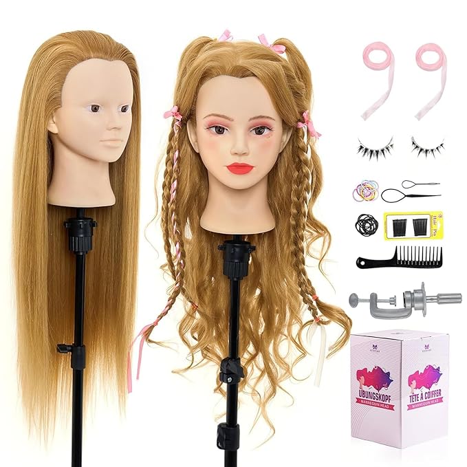 Mannequin Head with 90% Real Human Hair - 28 Inch Makeup Cosmetology Manikin Doll Head for Hair Styling, Training Practice Braiding Mannequin Head with False Eyelashes Hair Styling Set