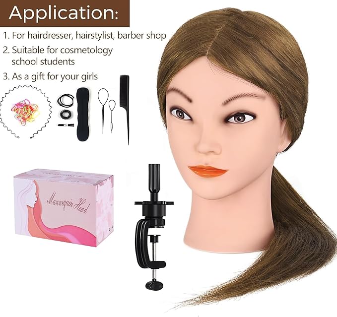 Mannequin Head with 100% Real Human Hair, Beauty Star 18" Gold Brown Hair Art Manikin Cosmetology Head, Doll Manican Head to Practice Hair Styles, Hairdressing Training Head and Stlyist Suppliew