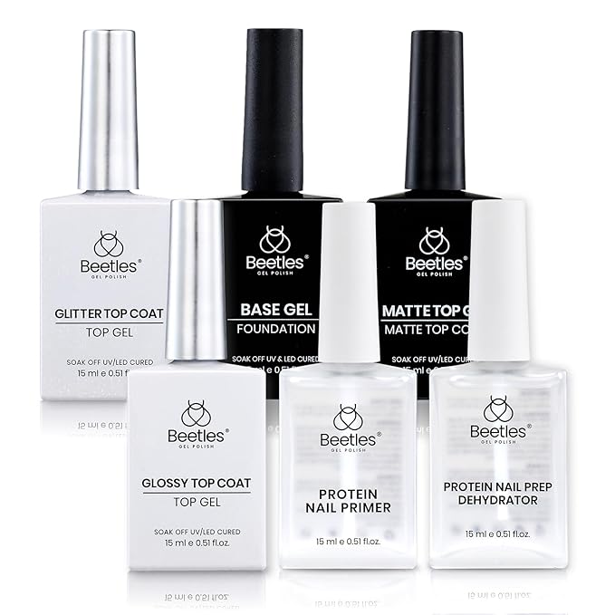 Beetles 6 Pcs 15ml Glossy & Matte Gel Top and Base Coat Set with Protein Nail Prep Dehydrator and Primer Acid-Free & Hema-Free Dehydrate Bond Primer t for Acrylic & Gel Nail Polish Christmas Gifts