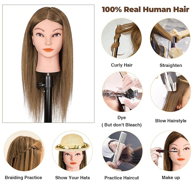 Mannequin Head with 100% Real Human Hair, Beauty Star 18" Gold Brown Hair Art Manikin Cosmetology Head, Doll Manican Head to Practice Hair Styles, Hairdressing Training Head and Stlyist Suppliew