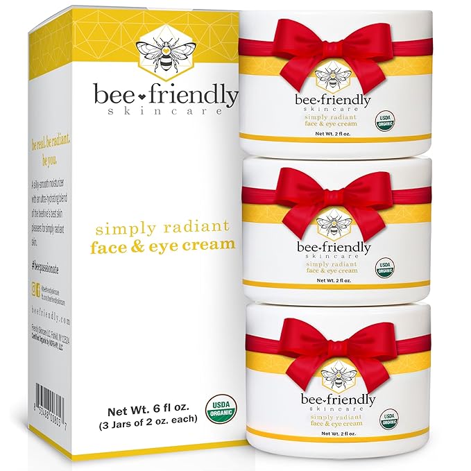 BeeFriendly Organic Face and Eye Cream, USDA Certified Organic Facial Moisturizer, All In One Natural Face, Eye, Neck, Decollete Cream Reduces Wrinkles & Lines, 6 oz (3 Jars in a box)
