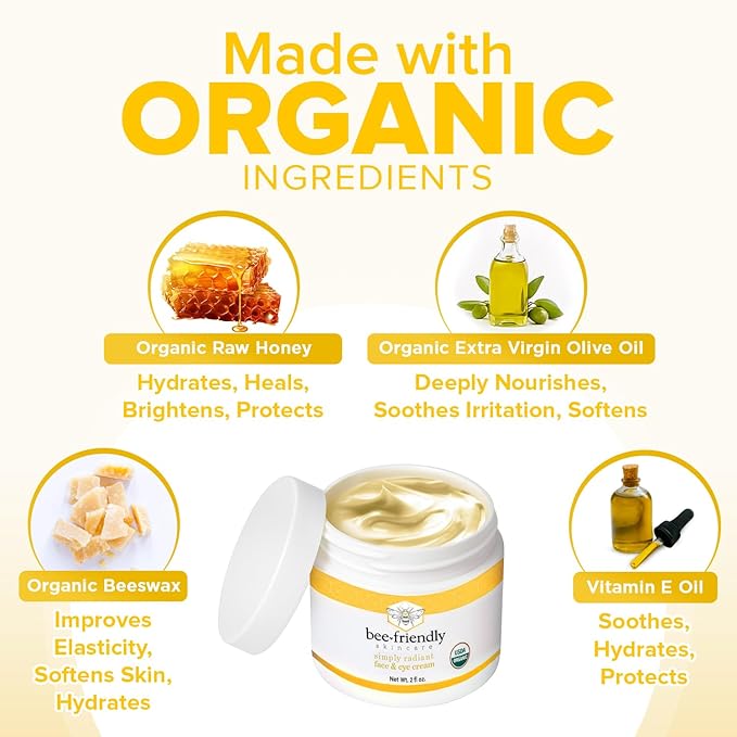 BeeFriendly Organic Face and Eye Cream, USDA Certified Organic Facial Moisturizer, All In One Natural Face, Eye, Neck, Decollete Cream Reduces Wrinkles & Lines, 6 oz (3 Jars in a box)