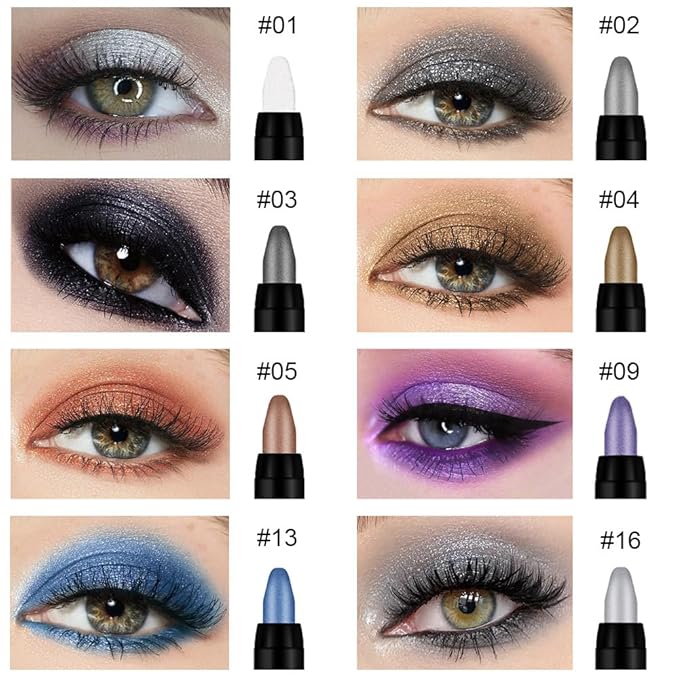 8Pcs Glitter Eye Shadow Sticks Liner Pencils Makeup, Pearl White Smokey Black Gray Silver Violet Purple Khaki Royal Blue Shimmer Glitter Eyeliner Pencil Cream Eyeshadow Palette Makeup for Older Women