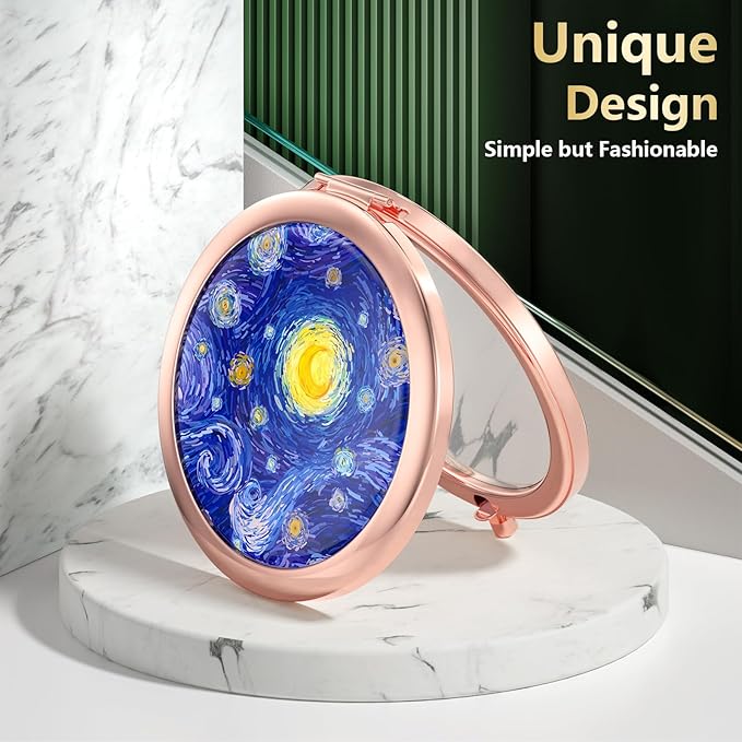 Nipichsha Compact Mirror, Pocket Travel Makeup Mirror, 2 - Sided 2X / 1X Magnification, Small Folding Portable Handheld, 2.75 in Rose Gold, Starry Night