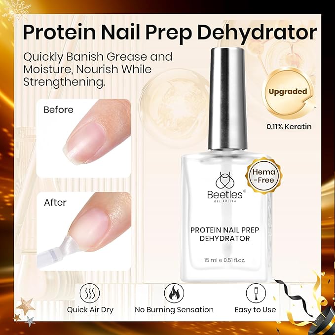 Beetles 15ml Protein Nail Prep Dehydrator and Primer Set - 2PCS Hema-Free & Acid Free Nail Bond Protein Prep Kit for Gel Nail Polish Acrylic Nail Supplies