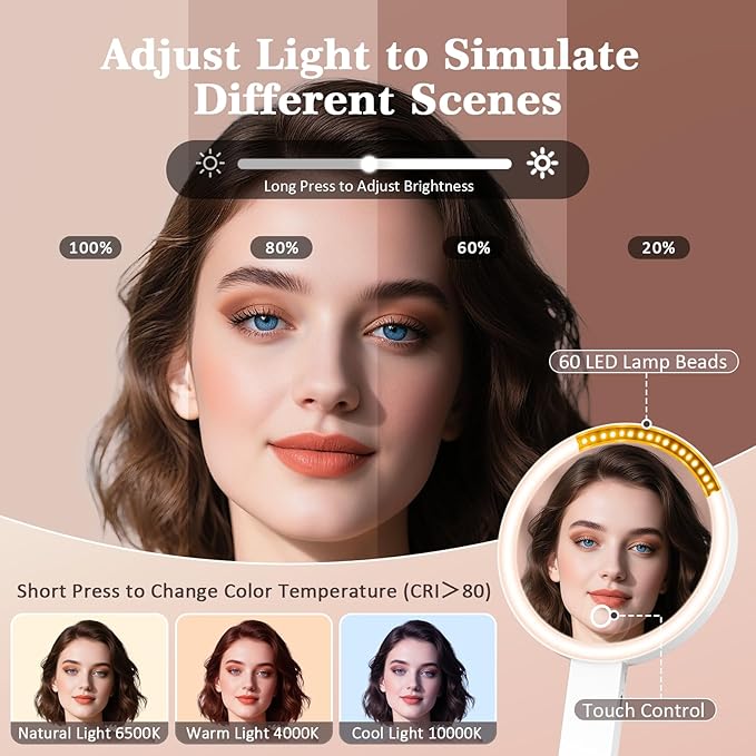 Travel Makeup Mirror with 3 Color Lights, 15X/1X Double Sided Lighted Magnifying Mirror, Portable Handheld Mirror, Gift For Women 3 in 1 Tabletop/Handheld/Hanging, Home, Office, Trip Gifts For Her