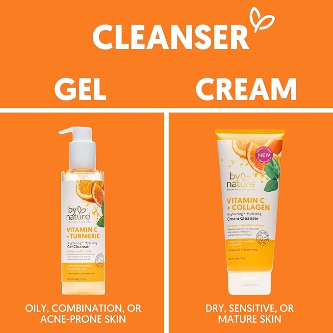 By Nature Vitamin C + Turmeric Gel Cleanser with Hyaluronic Acid – Brightening + Hydrating Face Wash & Makeup Remover for Oily and Acne-Prone Skin, Natural Daily Facial Wash (7oz)