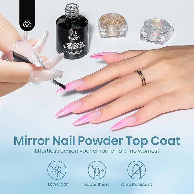 Beetles Gel Top Coat for Chrome Nail Powder: 15ml Mirror Shiny Chrome No Wipe Gloss Top coat Long Lasting Soak Off Nail Lamp for Nail Art Creation