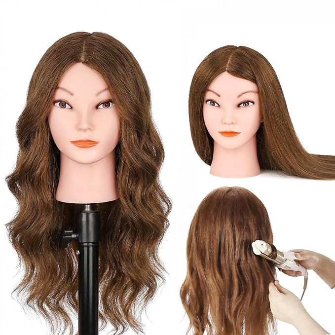 Mannequin Head with 100% Real Human Hair, Beauty Star Manikin Doll Head for Hair Styling, Cosmetology Hairdressing Training Practice Head with Clamp Stand and Braiding Accessories Kit (18" Dark Brown)