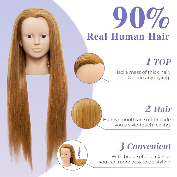 Mannequin Head with 90% Real Human Hair - 28 Inch Makeup Cosmetology Manikin Doll Head for Hair Styling, Training Practice Braiding Mannequin Head with False Eyelashes Hair Styling Set
