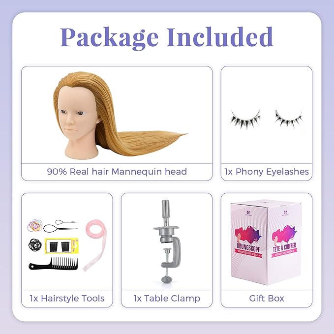 Mannequin Head with 90% Real Human Hair - 28 Inch Makeup Cosmetology Manikin Doll Head for Hair Styling, Training Practice Braiding Mannequin Head with False Eyelashes Hair Styling Set