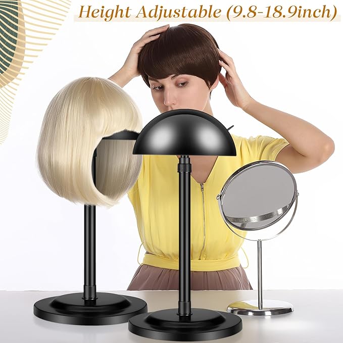 Tatuo 8 Pcs Wig Stand, 9.8"-18.9" Adjustable Height Wig Head Holder Portable Hat Display Stand Travel Storage Holder for Multiple Styling Practice DIY Non Slip Stable(Black)