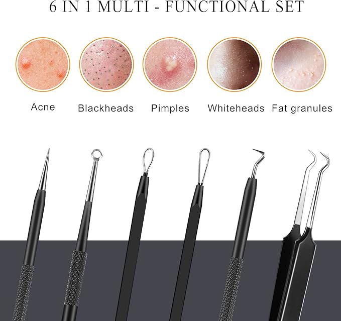 Pimple Popper Tool Kit - 6 Pcs Blackhead Remover Comedone Extractor Tool Kit with Metal Case for Quick and Easy Removal of Pimples, Blackheads, Zit Removing, Forehead, Facial and Nose(Black)