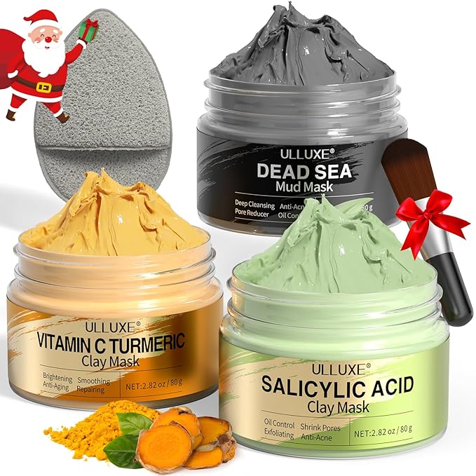 Facial Clay Mask Set - Vitamin C Turmeric Face Mask, Dead Sea Mud & Salicylic Acid (BHA) Mask for Pores Cleansing, Blackheads, Dark Spots, Brightening, Face Masks Skincare Gift for Women, 2.82 oz each
