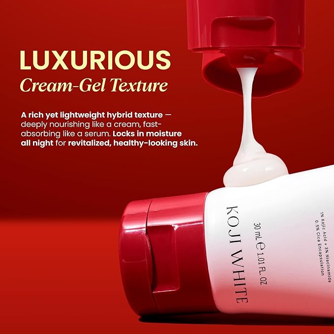 Koji White 1% Kojic Acid Radiance Overnight Face Mask – Hydrating Sleeping Mask for Glowing Skin, Uneven Tone & Smoothing with Niacinamide, Cica, Hyaluronic Acid - Unscented, Vegan Skincare 1.01 Fl Oz