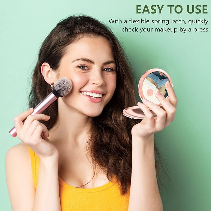 Nipichsha Compact Mirror, Pocket Travel Makeup Mirror, 2 - Sided 2X / 1X Magnification, Small Folding Portable Handheld, 2.75 in Rose Gold, Watercolor Sunrise