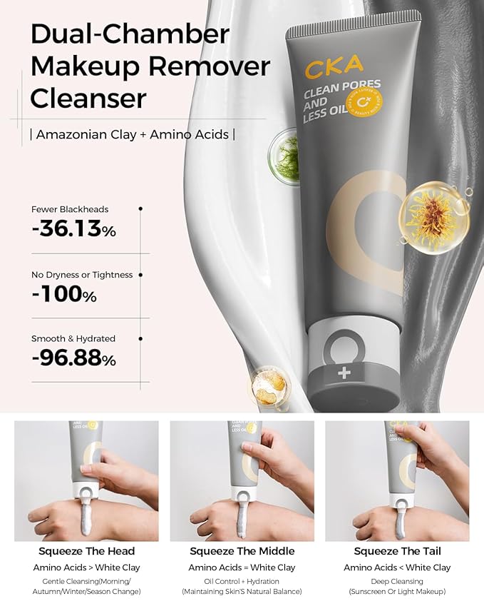 CKA Deep Pore Cleanser, Facial Foam Cleanser Oil Control Makeup Remover 2 in 1 Dual-Chamber, Minimizes Blackhead with Amino Acid, Daily Face Wash for Oily/Sensitive Skin 2 Pack