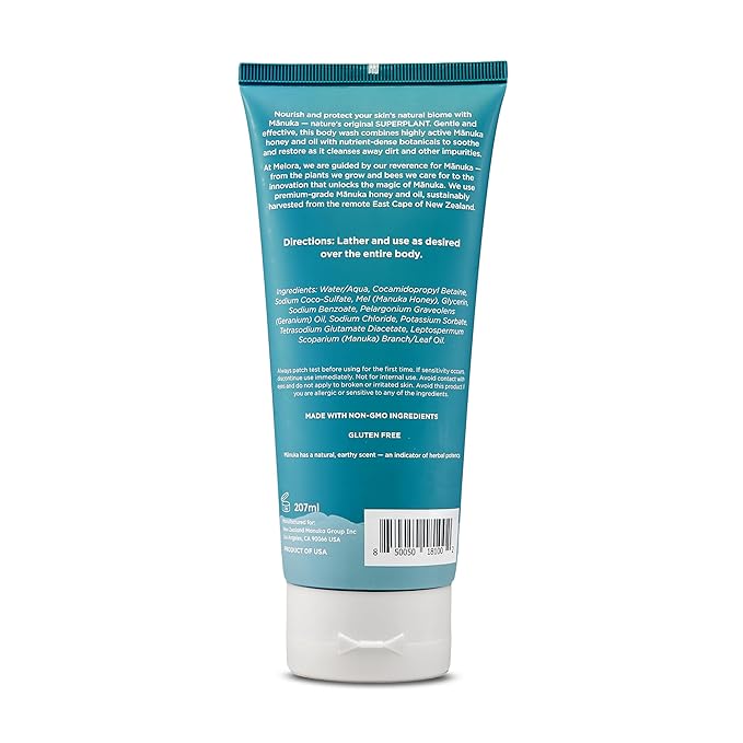 MELORA Manuka Honey Body Wash (7 Oz) - Moisturizing Skin Care Body Soap with Manuka Honey & Oil for Acne, Dry, or Sensitive Skin - Moisturizing Travel Size Shower Gel for Women & Men