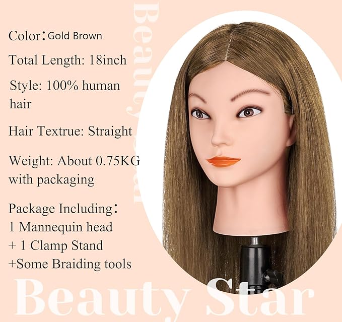 Mannequin Head with 100% Real Human Hair, Beauty Star 18" Gold Brown Hair Art Manikin Cosmetology Head, Doll Manican Head to Practice Hair Styles, Hairdressing Training Head and Stlyist Suppliew