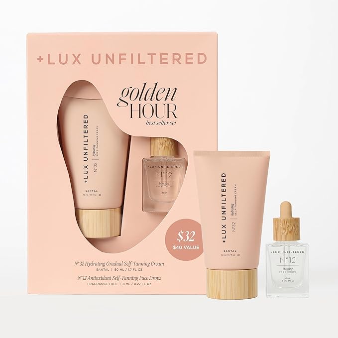 + Lux Unfiltered Mini Golden Hour Set - Includes N°32 Gradual Self Tanner in Santal 1.7 fl oz & N°12 Face Tanning Drops 0.27 fl oz - Travel Size Self Tanner - Vegan & Cruelty Free
