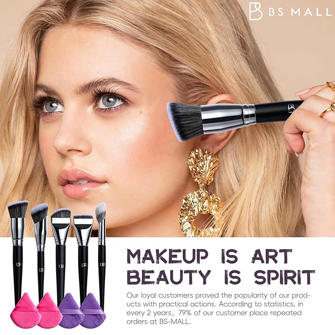 BS-MALL 5 Pcs Professional makeup brush set with Ultra-soft 4 Triangle Puffs - eyeshadow Brush, concealer Brush, blush brush & foundation brush - Multi-functional beauty Tools for Daily Use