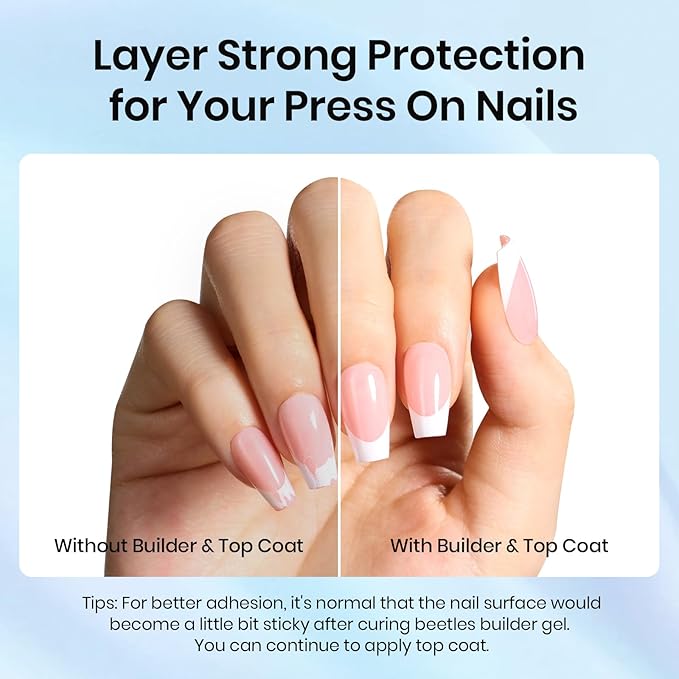 Beetles Builder Gel and Extra Glossy Top Coat No Wipe for Nails with Nail Brush, 15ml Low Heat Hypoallergenic Clear 7 in 1 Builder High Shine Long Lasting Top Coat Gel Nail Polish