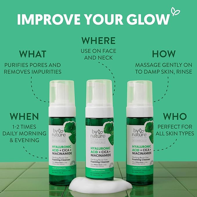 By Nature Foaming Cleanser with Hyaluronic Acid + Cica - Hydrating Face Cleanser For Bright and Fresh Skin - Skincare from New Zealand - 5 fl.oz