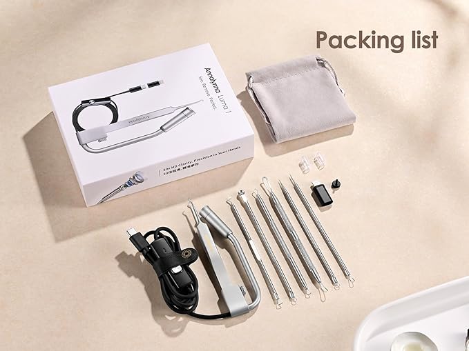 Luma 1 Visual Blackhead Remover Tweezers with Camera - Pimple Popper Tool with Camera 20x Magnification, 1080P, 8 LED Lights, with Blackhead Remover Pimple Popper Tool Kit (6 Piece Kit)