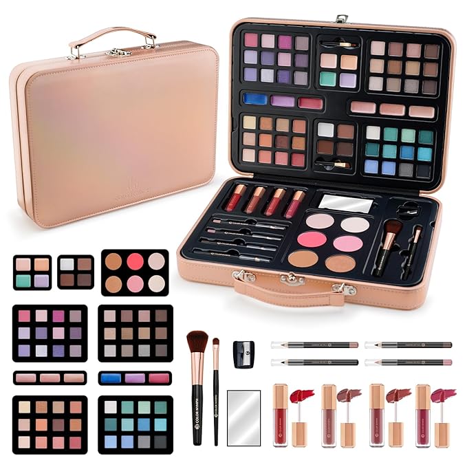 Multipurpose Makeup Kits for Teens Girls, Travel Makeup Set Non-toxic, Makeup Gift for Women Teen, Eyeshadows Blushes Bronzer Highlighter Concealer Lipgloss Eyeliner Lipliner Brushes Gold Case