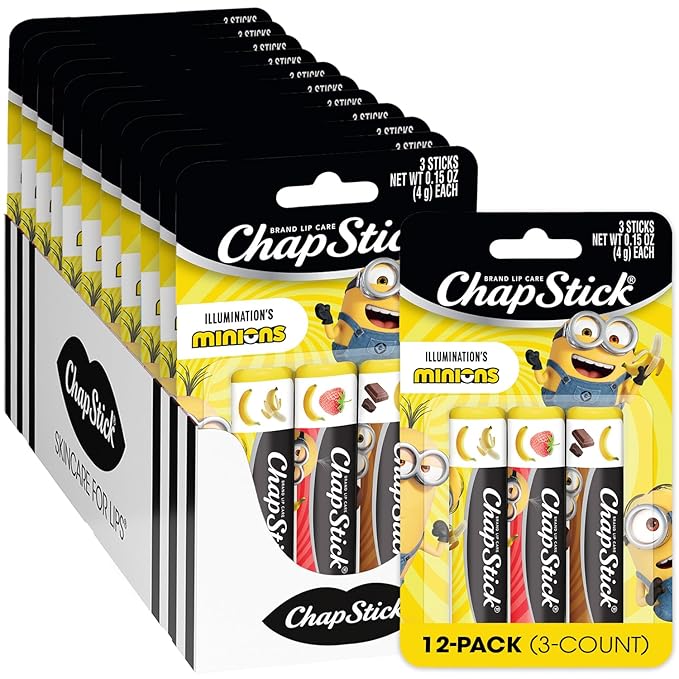 ChapStick Bulk Lip Balm Sets, Minions, 12 Banana Variety 3-Packs (36 Sticks Total), Party Favors for Kids, Stocking Stuffers, 0.15 Oz Ea