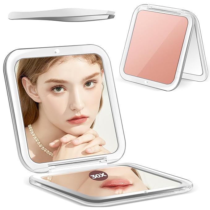 MIYADIVA Compact Mirror, 30X Magnifying Mirror, Pocket Mirror for Purse, Travel Makeup Mirror with 30X/1X Magnification, Travel Essentials Mirrors, Precision Tweezers, Present for Girls