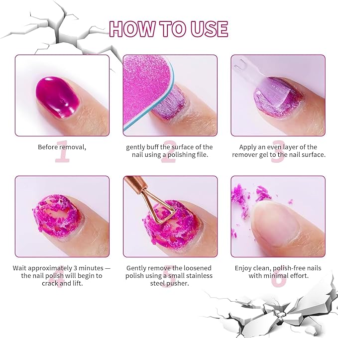 Gel Nail Polish Remover Kit - 2PCS 15ML(0.5fl.oz) Fast Gel Remover No Soaking or Wrapping Needed, Includes Cuticle Pusher & Scraper & File, Easy Removal for Gel Nails