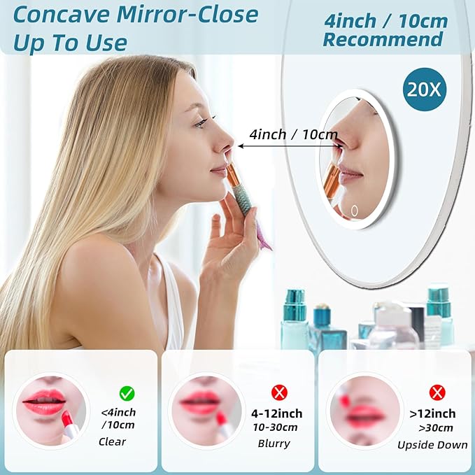 Magnifying Mirror with Light 20x, 3 Color Modes Dimming 6'' Lighted 20x Magnified Mirror with 3 Suction Cups, Travel Magnifying Mirror 20x, High Magnification Makeup Mirror with Tweezers & Scissors