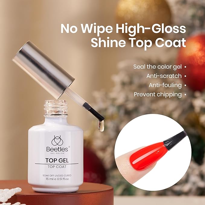 Beetles Gel Top Coat Set Christmas Limited, 2Pcs 15ml Top Coat Gel Nail Polish No Wipe Long Lasting Shining Glossy Manicure Soak off U V Lamp Needed Winter Nail Art Design Gifts for Women