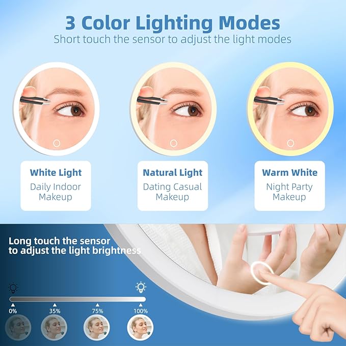 Magnifying Mirror with Light 20x, 3 Color Modes Dimming 6'' Lighted 20x Magnified Mirror with 3 Suction Cups, Travel Magnifying Mirror 20x, High Magnification Makeup Mirror with Tweezers & Scissors