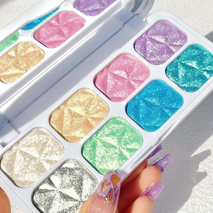 8-Color Highlighter & Contour Palette - Shimmer, Glitter, Iridescent Multichrome Holographic Eyeshadow for Face & Cheek, Purple Rainbow Highlight Makeup
