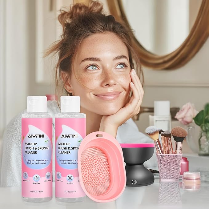 Alyfini Makeup Brush & Sponge Shampoo, Ultra Concentrated, Deep Clean Foundation/Lipstick, Professional Cleanser Solution, Efficient Dissolves Residue on Make Up Brushes/Sponges/Puff, 5.1 Fl Oz/150ml