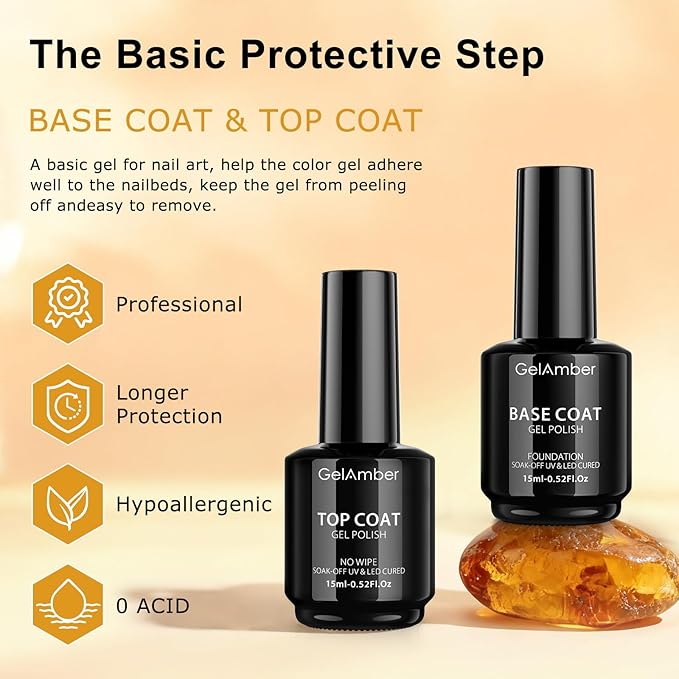 2Pcs 15ml Gel Top Coat and Gel Base Coat, No Wipe Top and Base Gel Polish Kit, High Glossy Shine Long Lasting Soak Off Nail Art for Home DIY and Professional Manicure Gift