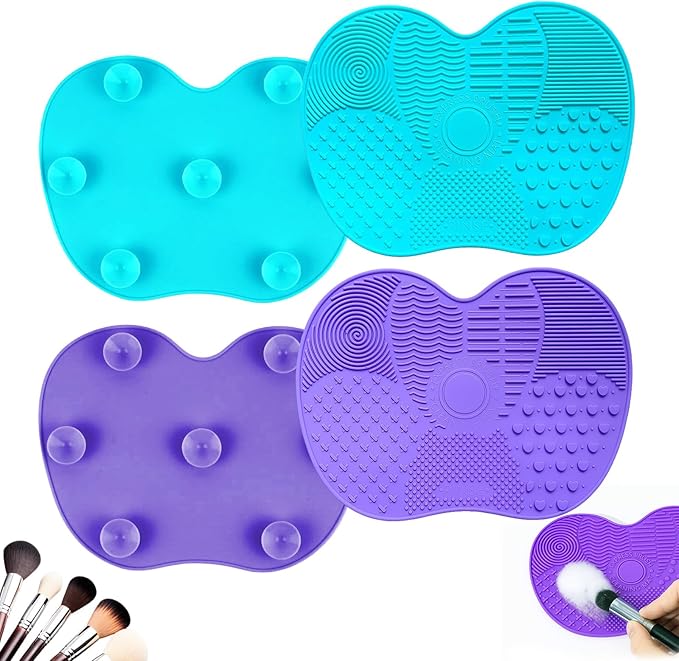 4 PCS Silicone Makeup Brush Cleaner Mat, 7 Textures Make Up Brush Cleaning Mat, Cosmetic Cleaning Pads, Portable Washing Tool with Suction Cup, Easy to Clean, Ideal for Travel and Home Use