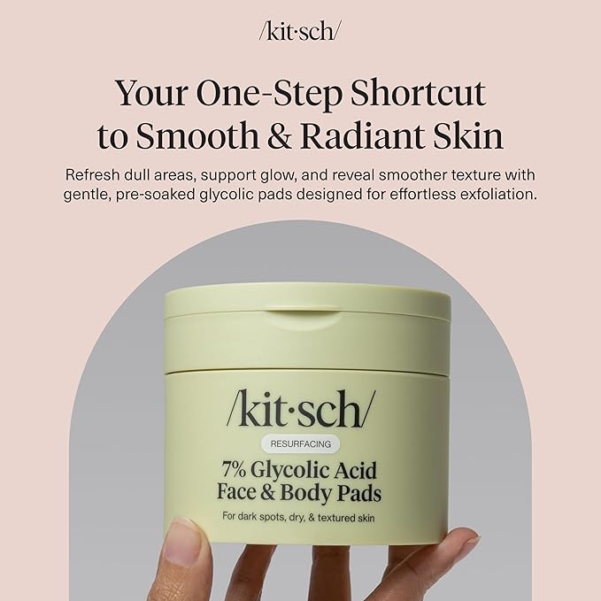 Kitsch Gentle Exfoliating Glycolic Acid Pads for Skin Care with Witch Hazel, Cica & Allantoin – Pre-Soaked Cotton Pads for Face & Body with Tweezers for Smooth, Radiant Skin – 50 count