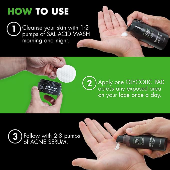 Tiege Hanley Acne Treatment Skin Care Set for Men, System Level 1, Tiegeclear Advanced Routine With Salicylic Acid Wash, Glycolic Acid Pads, and Serum, All Skin Types, Men’s Skin Care, 3 Piece Kit