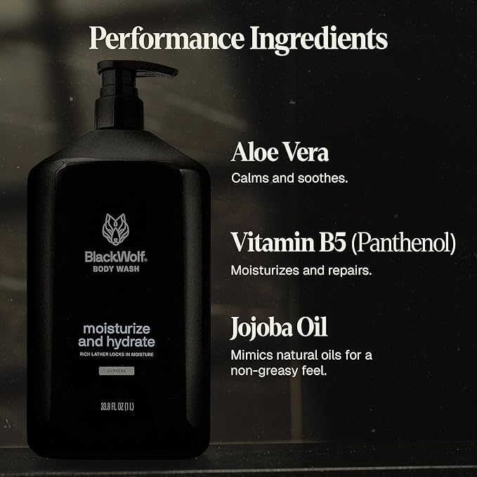 Black Wolf Moisturizing Body Wash for Men, Sandalwood - Mens Bodywash for Dry, Dehydrated & Sensitive Skin - Shower Gel Body Cleanser with Aloe Vera & Jojoba Oil to Remove Oil & Dirt