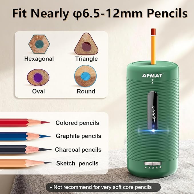 AFMAT Electric Pencil Sharpener, Fully Automatic Pencil Sharpener, Auto in & Out, Rechargeable Hands-Free Sharpeners for Jumbo & Colored Pencils (6.5-12mm), Portable for Home/Classroom/Office PSC2