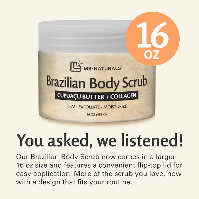 Firming & Moisturizing Brazilian Body Scrub for Body, Hands & Feet, Gentle Body Exfoliator with Cupuacu Butter, Jojoba Oil & Collagen, 16 oz (453 g) by M3 Naturals