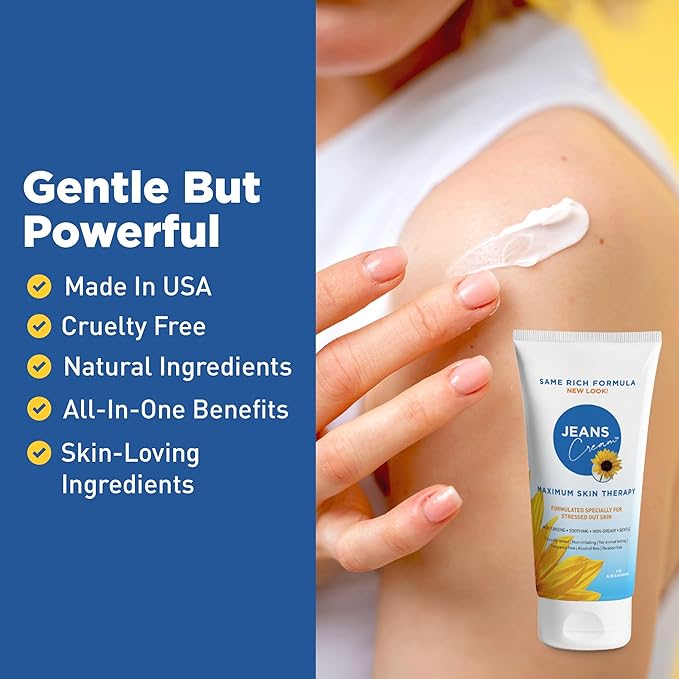 Jeans Maximum Skin Therapy Cream with Aloe & Vitamin E. Moisturizing Cream for Dry & Sensitive Skin affected by many causes such as Radiation Treatment, Sunburn, Itchiness & Redness. 2oz
