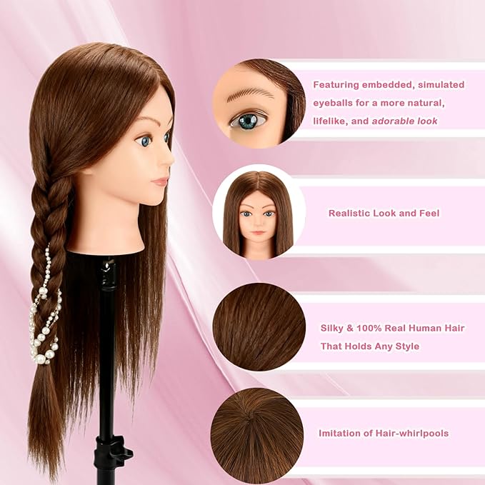 Beauty Star Mannequin Head with 100% Real Human Hair -18inch Doll Styling Head for Braiding Practice & Cosmetology Training, Updos, Manikin Head Includes Clamp Stand（Dark Brown Hair and Blue Eyes)